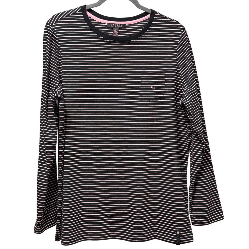 Lauren Ralph Lauren Black & White Striped Long-Sleeve Tee with Pink Trim